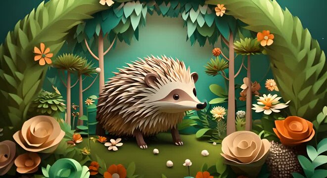 Paper-cut illustration of a hedgehog in a garden, realistic textures, minimalist 3D style,