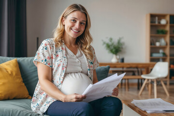 Happy pregnant European woman is sitting on the sofa in the living room, holding a document or letter with good news in her hand. Good news, excellent pregnancy tests, bank loan approval