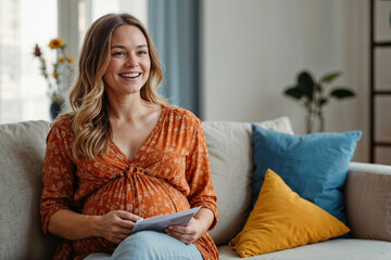 Happy pregnant European woman is sitting on the sofa in the living room, holding a document or letter with good news in her hand. Good news, excellent pregnancy tests, bank loan approval