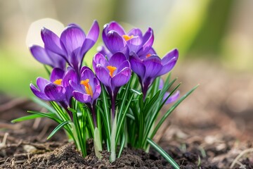 Beautiful crocuses in garden closeup. Spring season