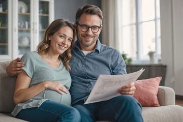 Happy pregnant wife and and her husband are sitting on the sofa in the living room and reading a document or letter with good news. Good news, excellent pregnancy tests, bank loan approval