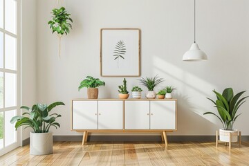 Wall Decoration. Botanical Posters Enhancing Living Room Interior with White Cabinets and Wooden