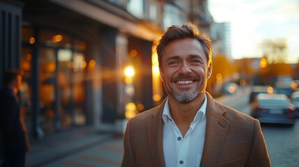 Obraz premium A man stands on a street, smiling directly at the camera.