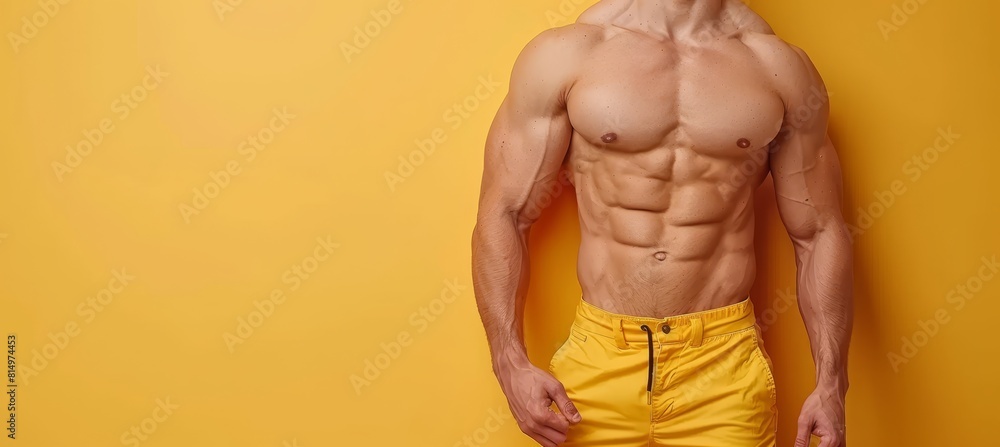 Poster muscular bodybuilder showing perfect abs on soft colored background with space for text