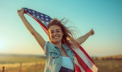 happy woman holding an American flag over her head with clear sky in the background.