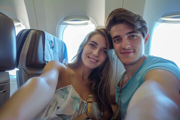 Happy Couple Taking Selfie on Airplane, Smiling young couple taking a selfie while seated on an airplane, enjoying their travel experience.

