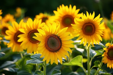 Obraz premium Close-up of bright sunflowers with lush green leaves in a sunlit field