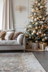 Blurred view of decorated Christmas tree in living room