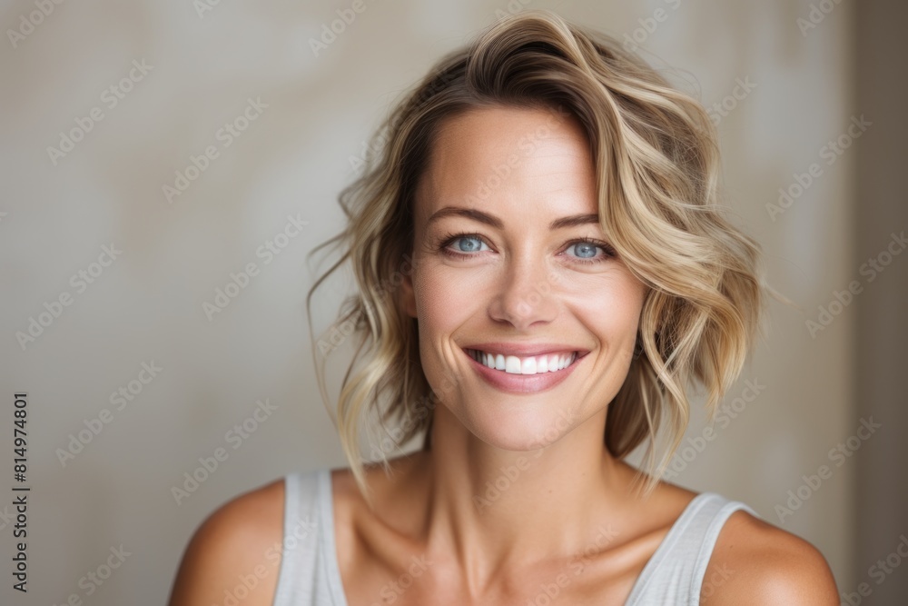 Wall mural Portrait of a smiling woman in her 30s smiling at the camera isolated on pastel gray background