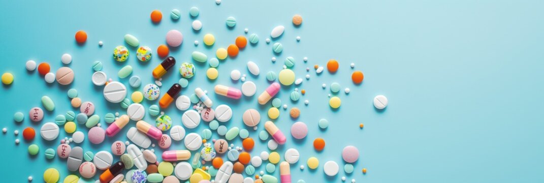 An array of various pills and capsules spread out on a blue background showcasing pharmaceuticals