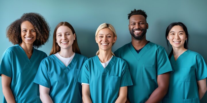 Diverse group of healthcare professionals in medical scrubs smiling confidently at the camera