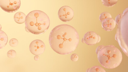 Cosmetic 3d Golden liquid bubbles on a bright background. Molecule inside a liquid bubble. Moisturizing Cream and Serum Concept. Vitamin for personal care and beauty concept. 