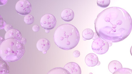 Cosmetics Serum bubbles on defocus background. Collagen bubbles Design. Molecule inside a liquid bubble. Essence Ball Molecules.