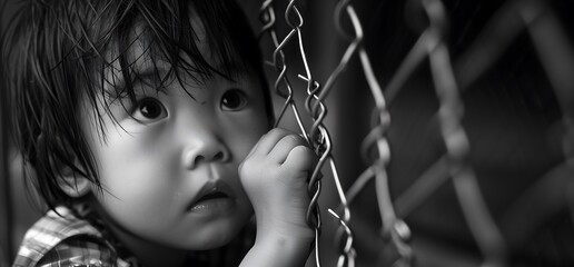 Child trapped an illegal locked with chains Littleboy confined behind bars with dirty scratched face gazes with hope illegal immigration human trafficking concept 