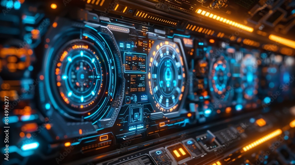 Poster a high-tech display featuring numerous bright lights and futuristic elements, creating a visually st