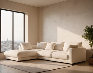 Modern Beige Sofa with Cityscape View in a Bright Living Room
