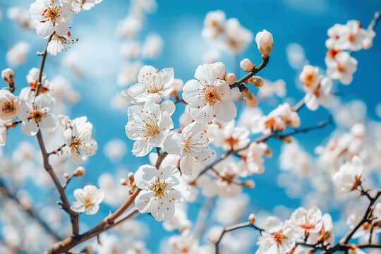 Closeup view of blossoming tree against blue sky on sprint