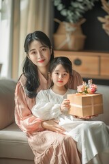 Fototapeta premium Congratulations. Loving asian daughter greeting surprise