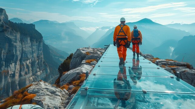 Construction engineers installing glass floors on a skywalk pathway along a steep mountain, a blend of innovation and nature --ar