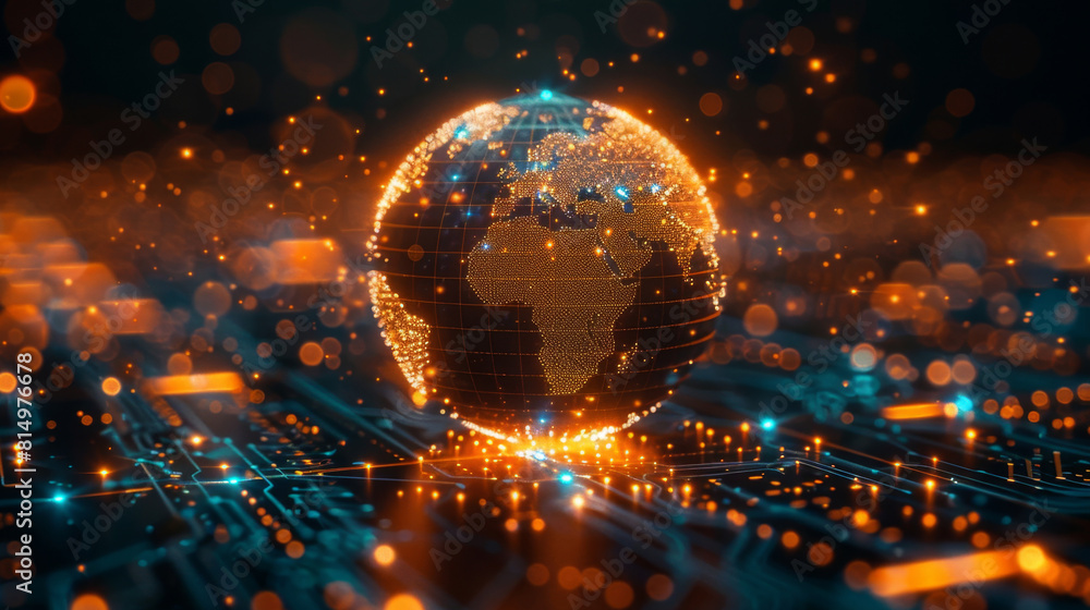 Poster a globe surrounded by a circuit of glowing lights, creating a futuristic and technological atmospher