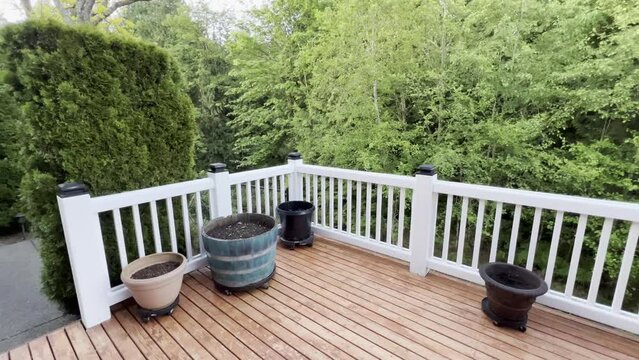 Early morning light of home deck patio with birds singing audio and woods in background 