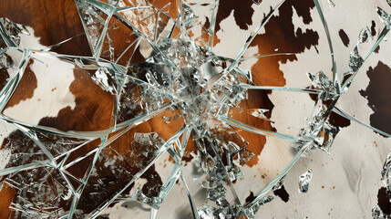 A digital canvas of shattered glass, where each fragment mirrors a unique part of a cow skin pattern, blending the concepts of fragility and natural beauty in an abstract composition.