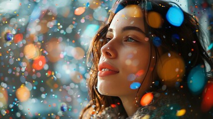 A beautiful young woman enveloped in optical confetti