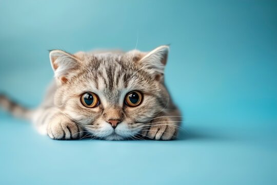 Cute Scottish fold cat on blue background
