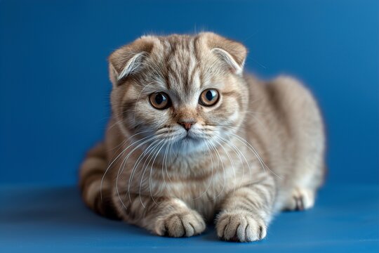 Cute Scottish fold cat on blue background
