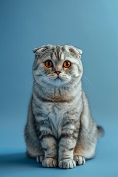 Cute Scottish fold cat on blue background