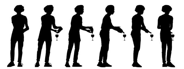 Vector concept conceptual black silhouette of a male waiter serving drinks from different perspectives isolated on white background. A metaphor for working, business, relaxation and lifestyle