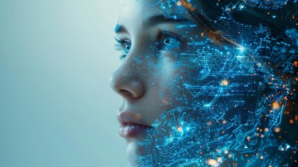 Futuristic AI interface, profile of a humanoid head merging with elaborate electronic patterns, set against a pure white backdrop, accented with shades of blue and hints of gold, capturing the