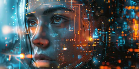 In the style of Christiane Vleugels, depict a person in a positive, forward-thinking tech environment, surrounded by emerging technologies, with hyper-realistic clarity and detail