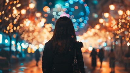 in the winter night city, the back of A beautiful asian girl in black coat behind the beautiful fireworks, photography