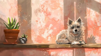 Adorable Fluffy Dog Resting on Wooden Shelf with Potted Plants