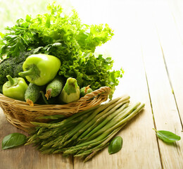 fresh organic green vegetables in basket