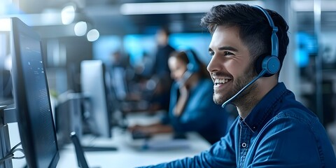 Efficient male technical support worker multitasking in call center with headset. Concept Call Center, Technical Support, Multitasking, Male Worker, Headset