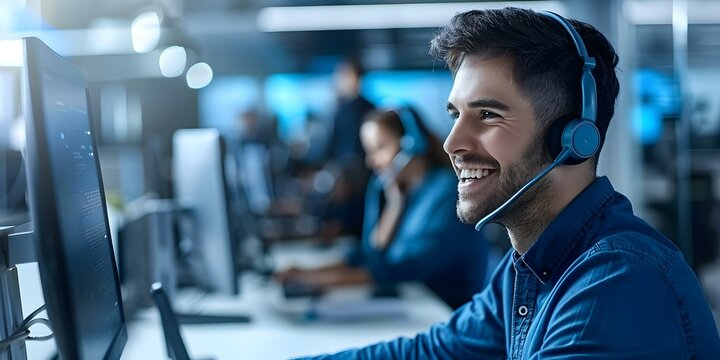 Efficient male technical support worker multitasking in call center with headset. Concept Call Center, Technical Support, Multitasking, Male Worker, Headset