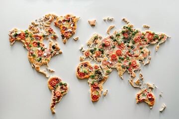 map of the world made of pizzas on white background	