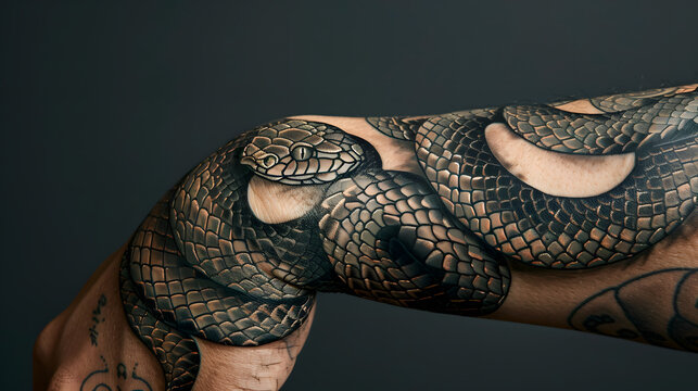 A black and white snake tattoo on a person's arm