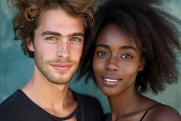 Portrait of a young, diverse, multiracial couple smiling together in close-up, showcasing their genuine love and joyful togetherness while embracing outdoors