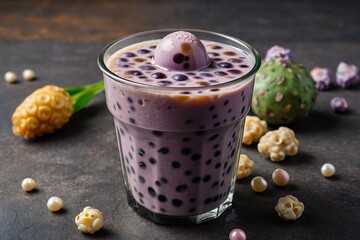 Taro Bubble Tea:
Taro-flavored milk tea with the addition of chewy tapioca pearls.