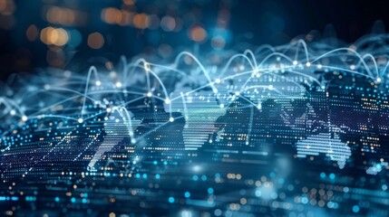 A world map with interconnected lines and dots representing international communication and travel routes.