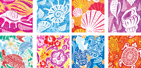 Seamless colorful patterns with Beach motives, Shells, Turtles, WavesAdobe Illustrator Artwork