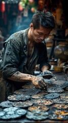 teenage Chinese blacksmith crafting decorative metalwork for a pagoda