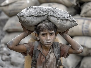 Boy holding a sack of rice in the alley above his head face covered in sweat and dust Children are forced to work on rubbish  Poverty child labor concept