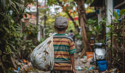 Poor children collect garbage face covered in sweat a Poverty Violence Children are forced to work on rubbish  Poverty child labor concept