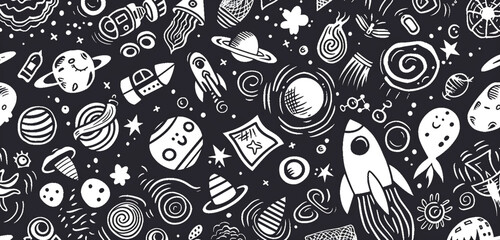 Space elements in a hand-drawn black and white doodle, seamless pattern.