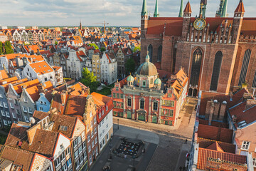 View from a drone of the Main Town in Gdańsk and St. Mary's Basilica.