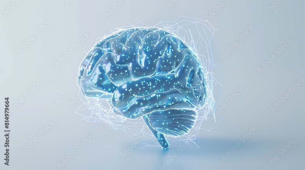 Poster a 3d rendering of a human brain. the brain is made of a blue, translucent material and is surrounded
